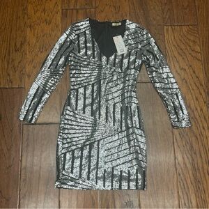 ACEVOG women’s silver and black sequin Bodycon long sleeve dress